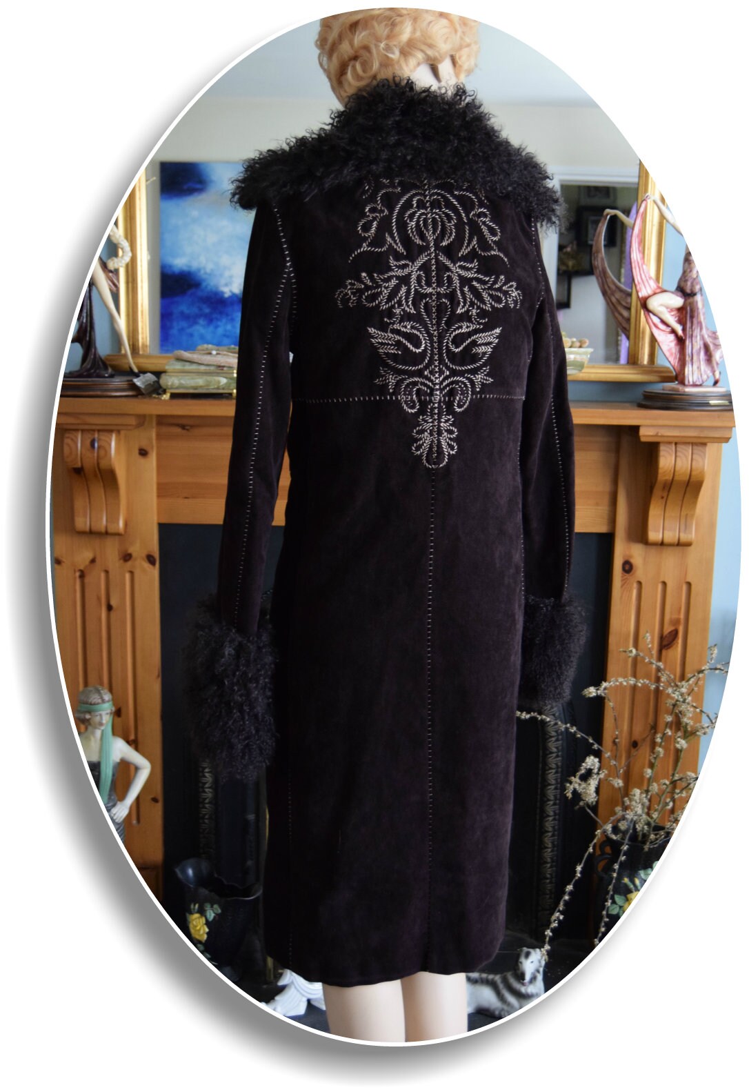 Vintage Penny Lane 1970s stylish thick embroidered long Mongolian fur hippy bohemian gypsy winter soft rich chocolate brown coat UK 8 US 4