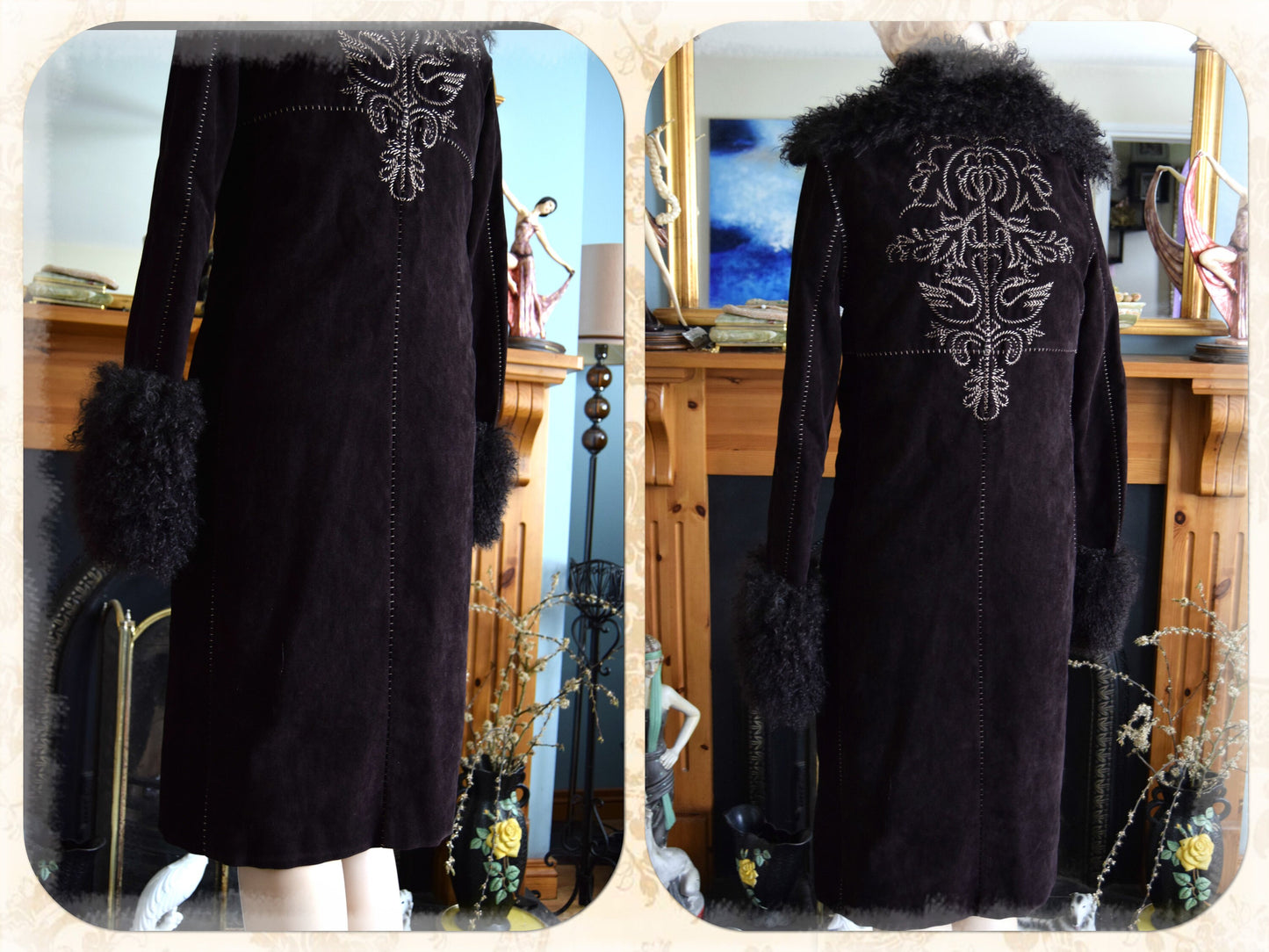 Vintage Penny Lane 1970s stylish thick embroidered long Mongolian fur hippy bohemian gypsy winter soft rich chocolate brown coat UK 8 US 4