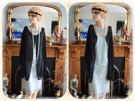 Vintage mesh black Art Deco semi Sheer 1920s flapper all silk embellished beaded  evening coat long jacket duster size UK 12 14 US 8 10