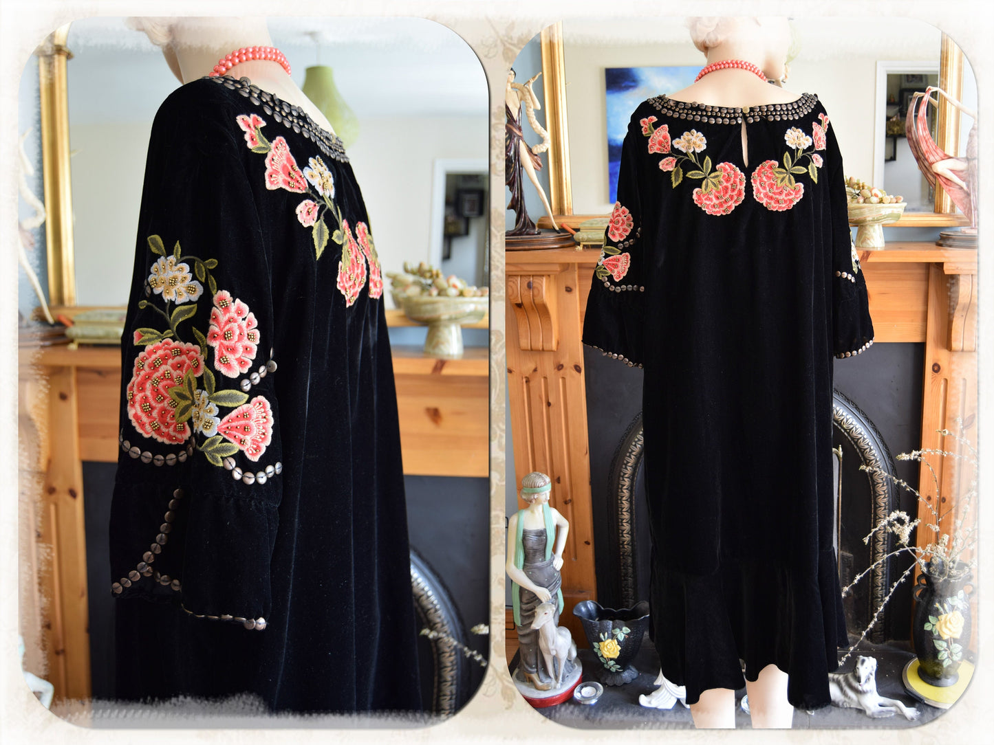 Original Biba vintage 1920s black flapper style Great Gatsby soft velvet oriental 1920's floral embroidered dress size UK 14 US 10
