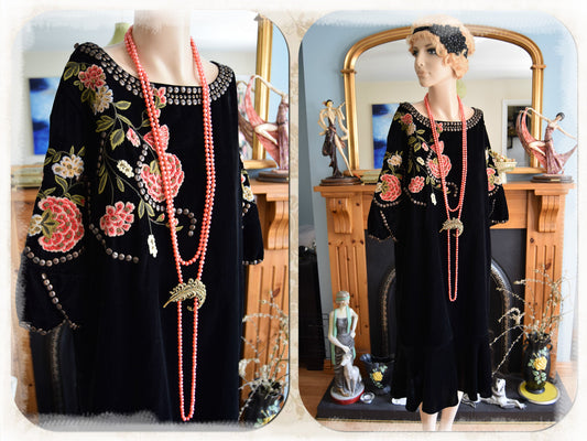 Original Biba vintage 1920s black flapper style Great Gatsby soft velvet oriental 1920's floral embroidered dress size UK 14 US 10