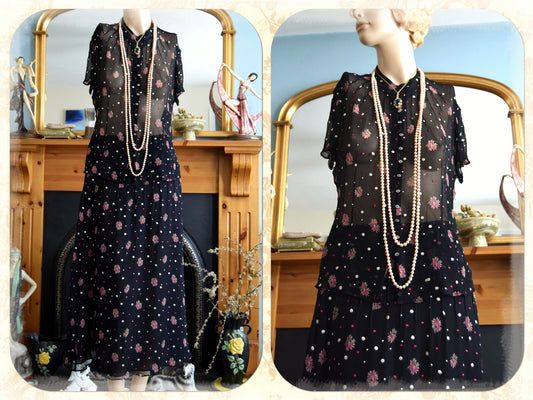 Vintage Laura Ashley Flapper black floral dress suit Edwardian Downton Abbey 1920s Art Deco painted silk with daisies Size UK 12 US 8