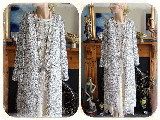 Beautiful monochrome floral ditsy lace vintage sumer light over coat duster kimono long jacket coat size UK 12 US 8