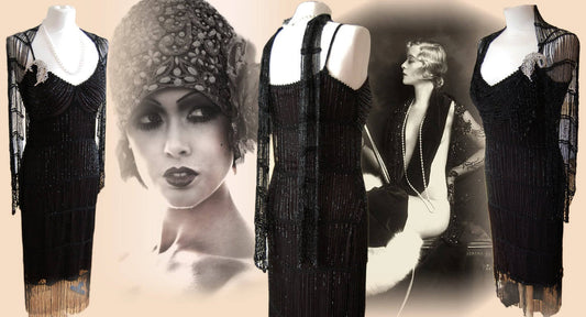 1920s dress Art Deco flapper Charleston dress Gatsby vintage bead tassel fringe evening dress black goth steampunk dress size UK 8 US 4