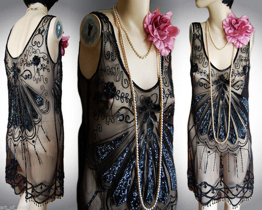 Vintage Art Deco 1920s  Great Gatsby flapper exquisite black sheer bead dress size UK 12 US 8