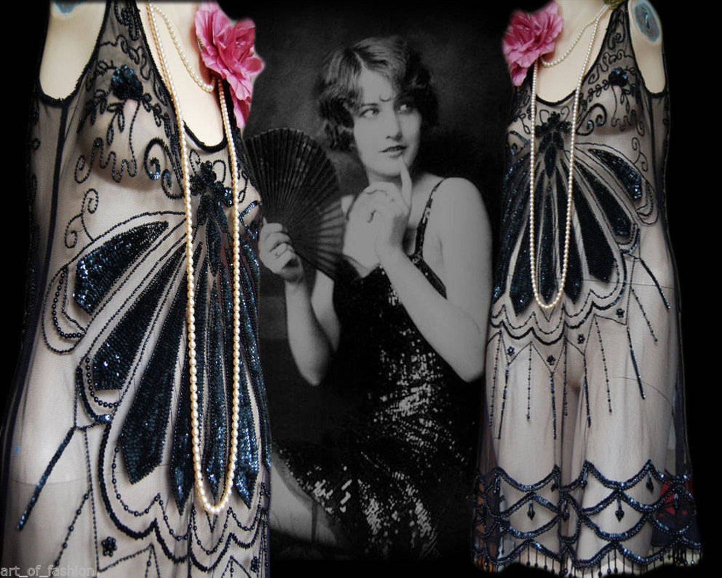 Vintage Art Deco 1920s  Great Gatsby flapper exquisite black sheer bead dress size UK 12 US 8