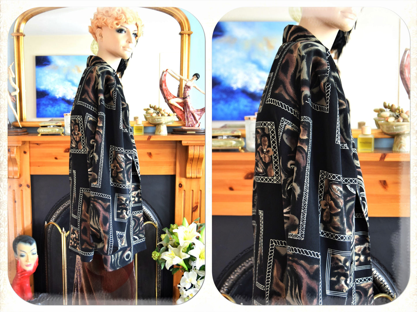 Avant Garde geometric Art Deco coat 1920s kimono flapper jacket floral black autumn kimono size UK 12 14 US 8 10