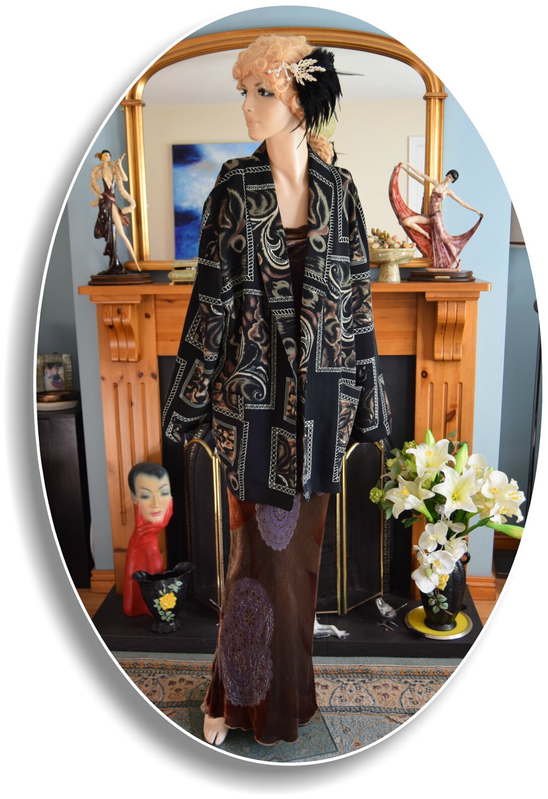 Avant Garde geometric Art Deco coat 1920s kimono flapper jacket floral black autumn kimono size UK 12 14 US 8 10