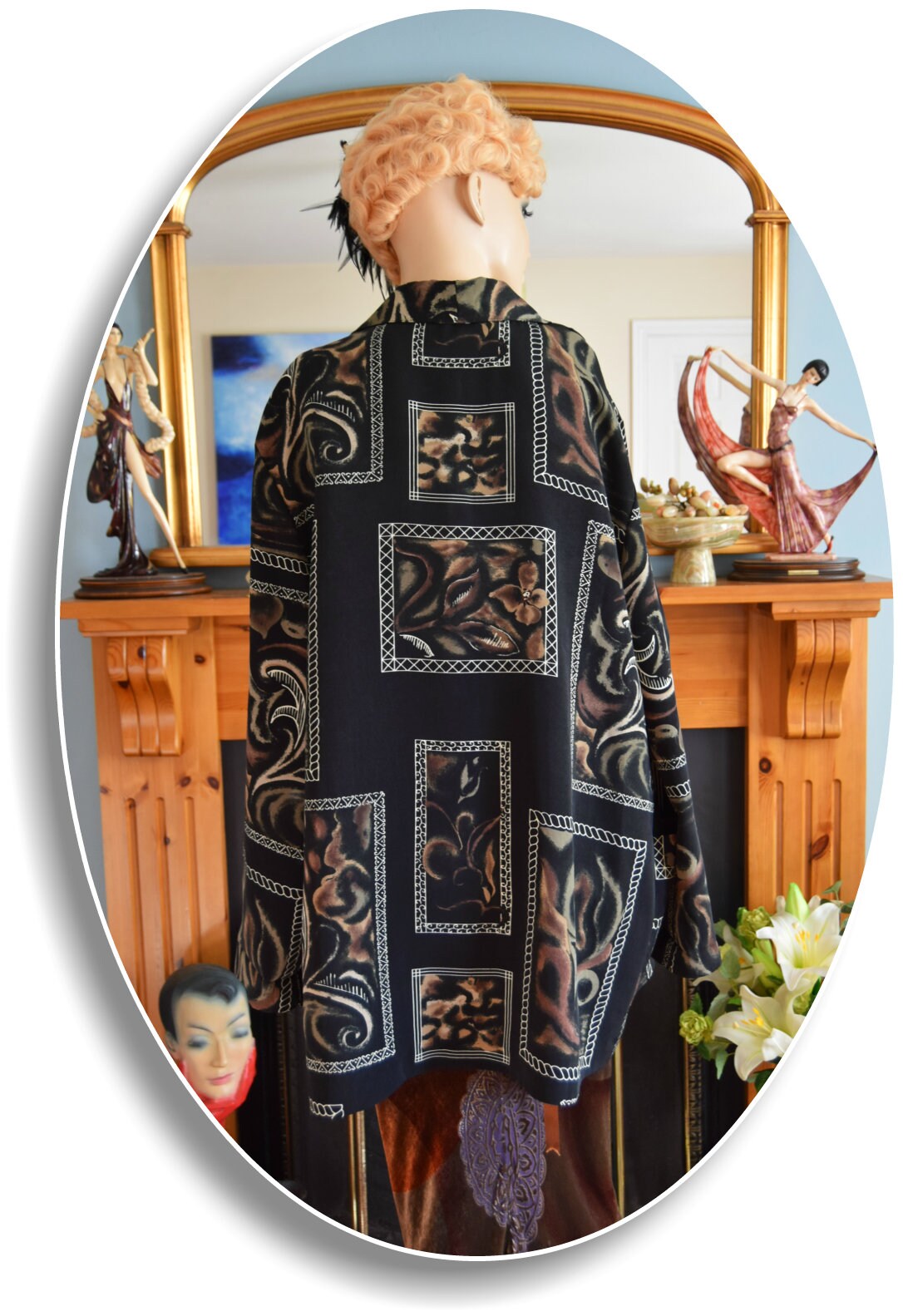 Avant Garde geometric Art Deco coat 1920s kimono flapper jacket floral black autumn kimono size UK 12 14 US 8 10