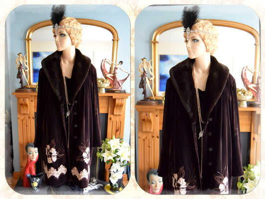 Vintage Luxurious Art Deco Brown Velvet Silk Lace Avant Garde Victorian Fur 1920s Flapper Coat UK 20 22 24 US 16 18 20