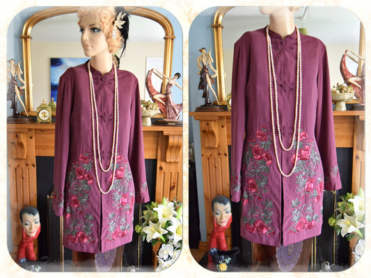 Vintage Art Deco Long Silk Oriental Kimono Duster 1920's coat jacket Size UK 10 12  US 6 8