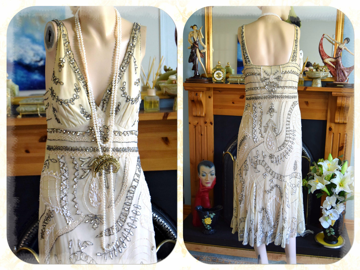 Art Deco style Downton Abbey Vintage Embellished Beaded Cream Silver Gold Floral Dress Evening Gown Size UK 16 18 US 12 14