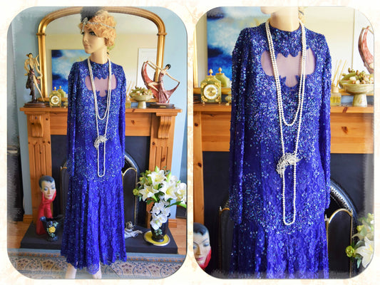 Art Deco dress flapper dress Downton Abbey dress 1920s dress blue Great Gatsby dress heavily beaded vintage dress size UK 12 14 US 8 10