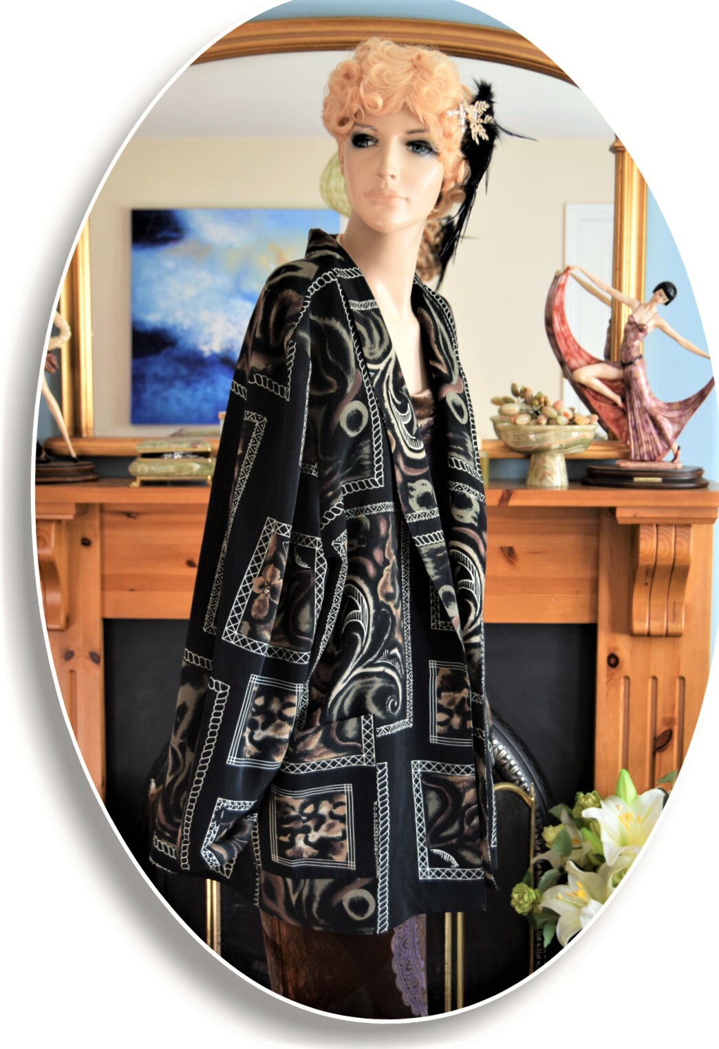 Avant Garde geometric Art Deco coat 1920s kimono flapper jacket floral black autumn kimono size UK 12 14 US 8 10