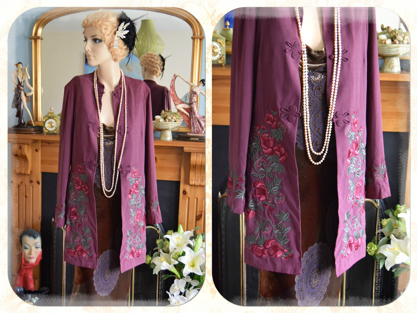 Vintage Art Deco Long Silk Oriental Kimono Duster 1920's coat jacket Size UK 10 12  US 6 8