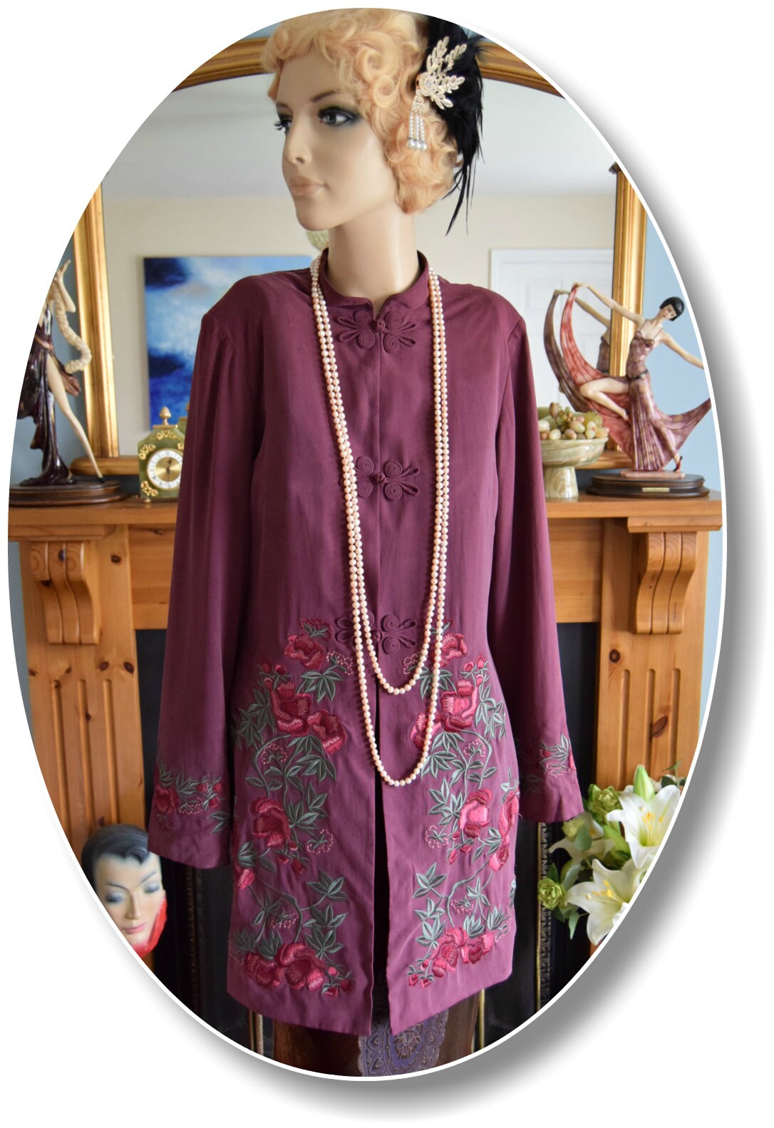 Vintage Art Deco Long Silk Oriental Kimono Duster 1920's coat jacket Size UK 10 12  US 6 8