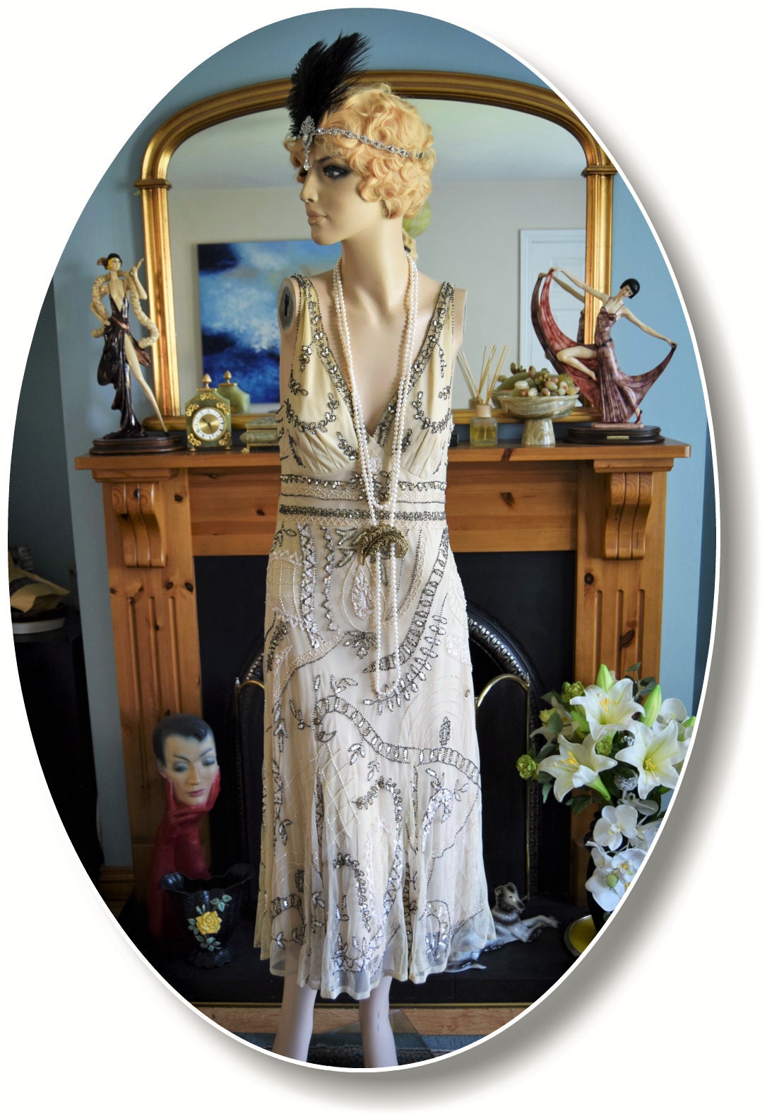 Art Deco style Downton Abbey Vintage Embellished Beaded Cream Silver G CrimsonQueens Art Deco style Downton Abbey Vintage Embellished Beaded Cream Silver G CrimsonQueens