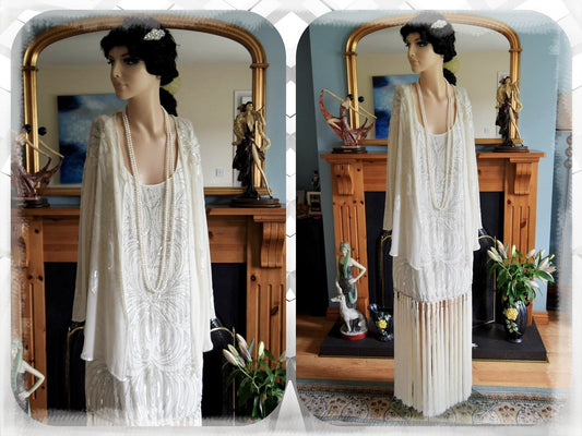 Flapper Charleston Gatsby vintage beaded tassel fringe wedding cocktail gown Avant Garde champagne angelic dress size UK 22 24 US 18 20