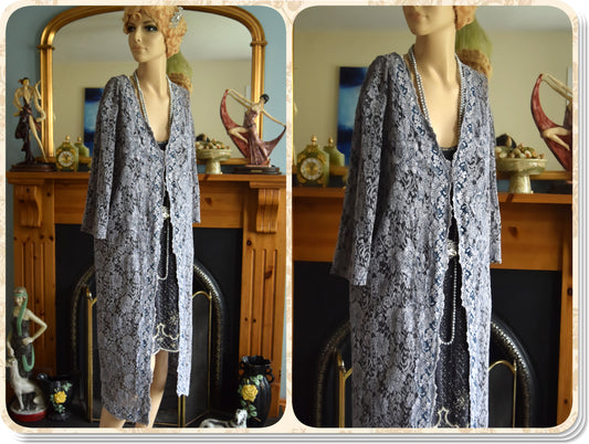 Beautiful silver metalic florallace vintage summer light over coat duster kimono long jacket coat size UK 12 US 8