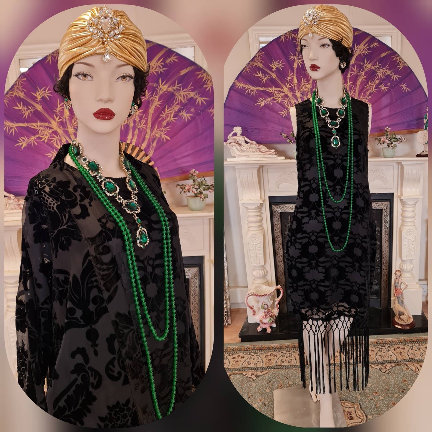 Vintage devore Black damask 1920s flapper oriental ensemble tasseled kimono duster fringe suit dress size UK 12 14 US 8 10