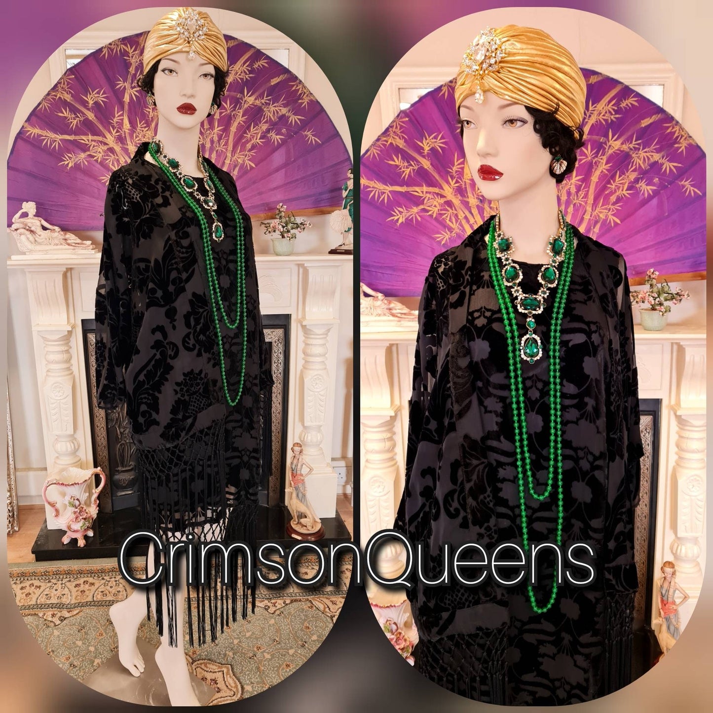 Vintage devore Black damask 1920s flapper oriental ensemble tasseled kimono duster fringe suit dress size UK 12 14 US 8 10