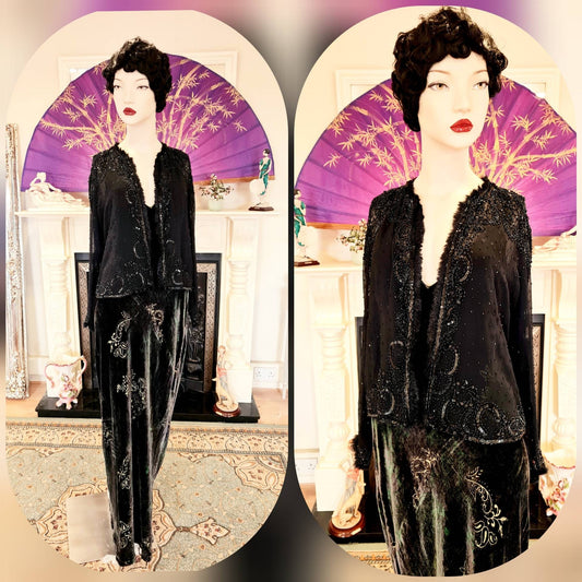 Vintage black silk 1920's Art Deco flapper embellished with beads embroidered beautiful evening short jacket UK 8 10 US 4 6