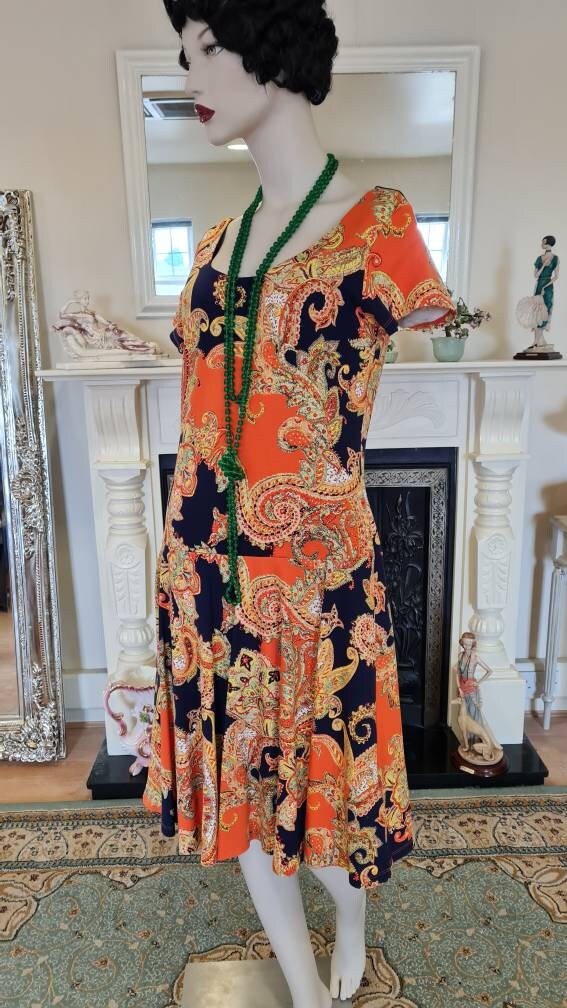 Oriental Paisley Cocktail Garden Gown Avant Garde Ralph Lauren vibrant 1920s flapper dress Downtown Abbey Dress Size UK 12 US 8