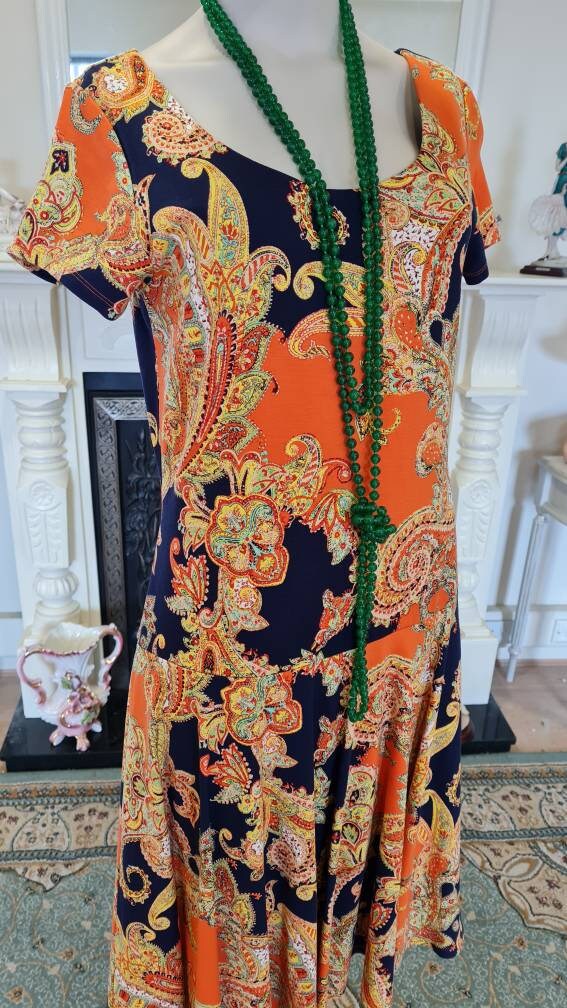 Oriental Paisley Cocktail Garden Gown Avant Garde Ralph Lauren vibrant 1920s flapper dress Downtown Abbey Dress Size UK 12 US 8