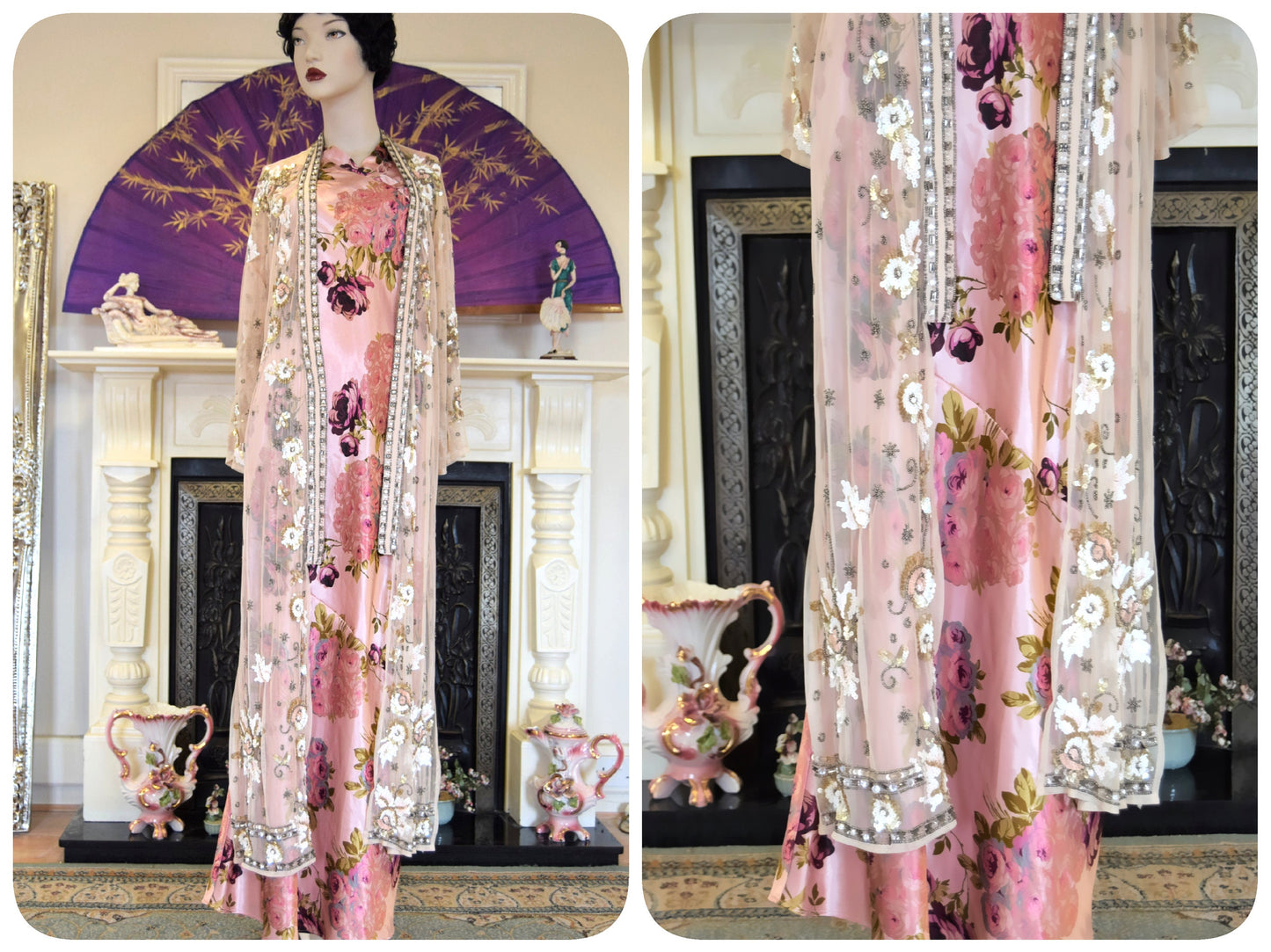 Oriental Silk Evening Gown Avant Garde Peach Pink Satin Floral Romantic liquid cocktail Down Dress Size UK 8 10 US 4 6