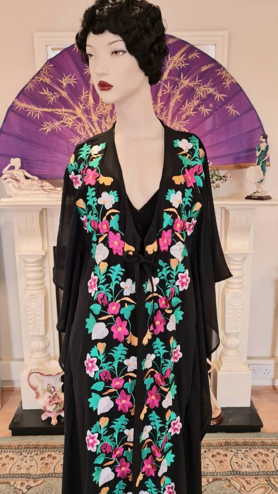 1970's Bohemian Sheer Kaftan 1920s flapper beach summer holiday Art Deco Miss Fisher kaftan duster dress size Uk 12 US 8