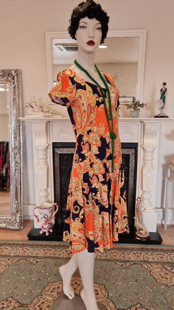 Oriental Paisley Cocktail Garden Gown Avant Garde Ralph Lauren vibrant 1920s flapper dress Downtown Abbey Dress Size UK 12 US 8
