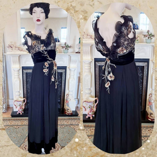 Extraordinary vintage embroidered silk maxi evening sheer gold black  Downton Abbey stage Hollywood goddess gown size UK 4 6 US 02 XS