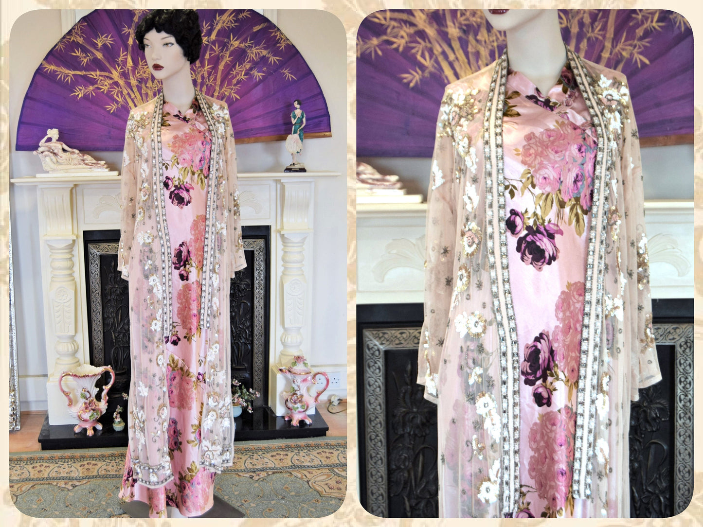 Oriental Silk Evening Gown Avant Garde Peach Pink Satin Floral Romantic liquid cocktail Down Dress Size UK 8 10 US 4 6