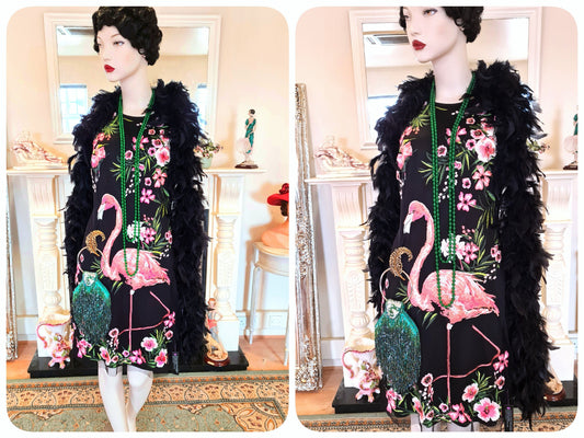 Rare Matthew Williamson summer vintage 1920s Great Gatsby flamingo kitch stunning embroidery black floral dress  UK 10 12 US 6 8