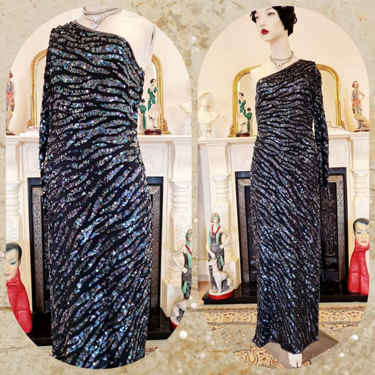 Hollywood goddess midnight blue stage performance Rifat Ozbek designer sequined maxi dress flapper 1920s 1930s dress gown size UK 12 US 8