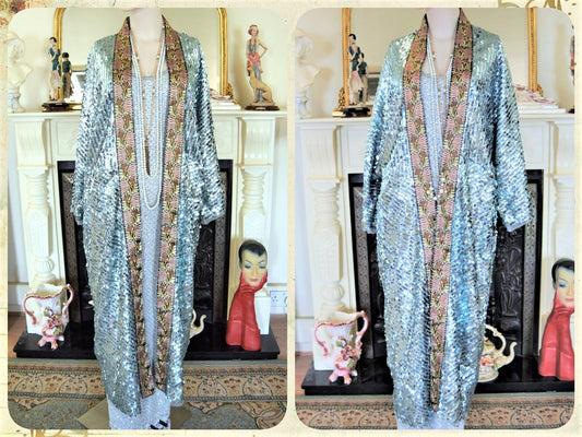 1920s vintage Downton Abbey flapper embellished sequinned mesh embroidered turquoise bohemian coat kimono duster size S UK 8 10 12  US 4 6 8