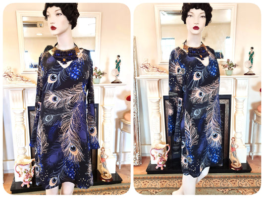 1920s flapper oriental navy blue peacock gold leaves botanical vintage Biba tunic Art Deco dress Great Gatsby floral size UK 12  US 8