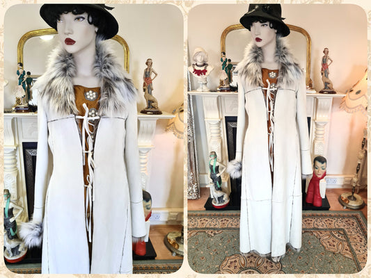 Vintage luxurious off white thick faux fur bohemian hippie gypsy long faux suede and simulated fur soft and cozy winter coat UK 10 12 US 6