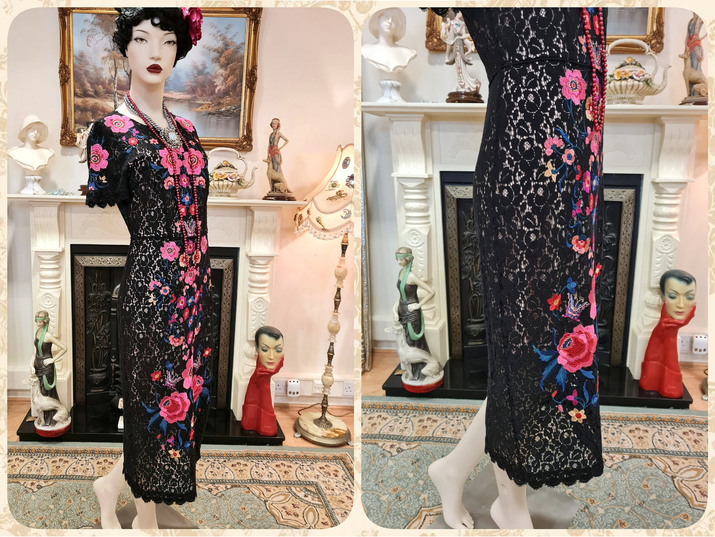 Vintage 1920s Great Gatsby suit black bohemian pencil embroidered flapper lace dress together with the coat vintage suit UK 8 US 4