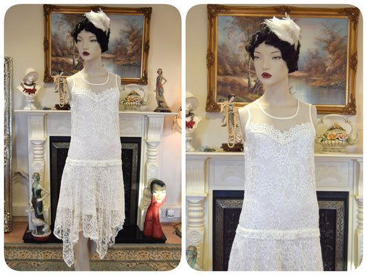 1920s wedding dress 1930s wedding dress All Lace Mesh flapper bride Vintage  White Wedding Gown Great Gatsby size UK 8 10 US 4 6