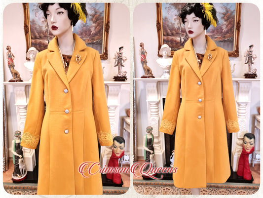 Vintage feminine yellow coat flapper coat with lace adormnemts 1920s mustard warm and cozy elegant dress coat 1980s size UK 12 US 8