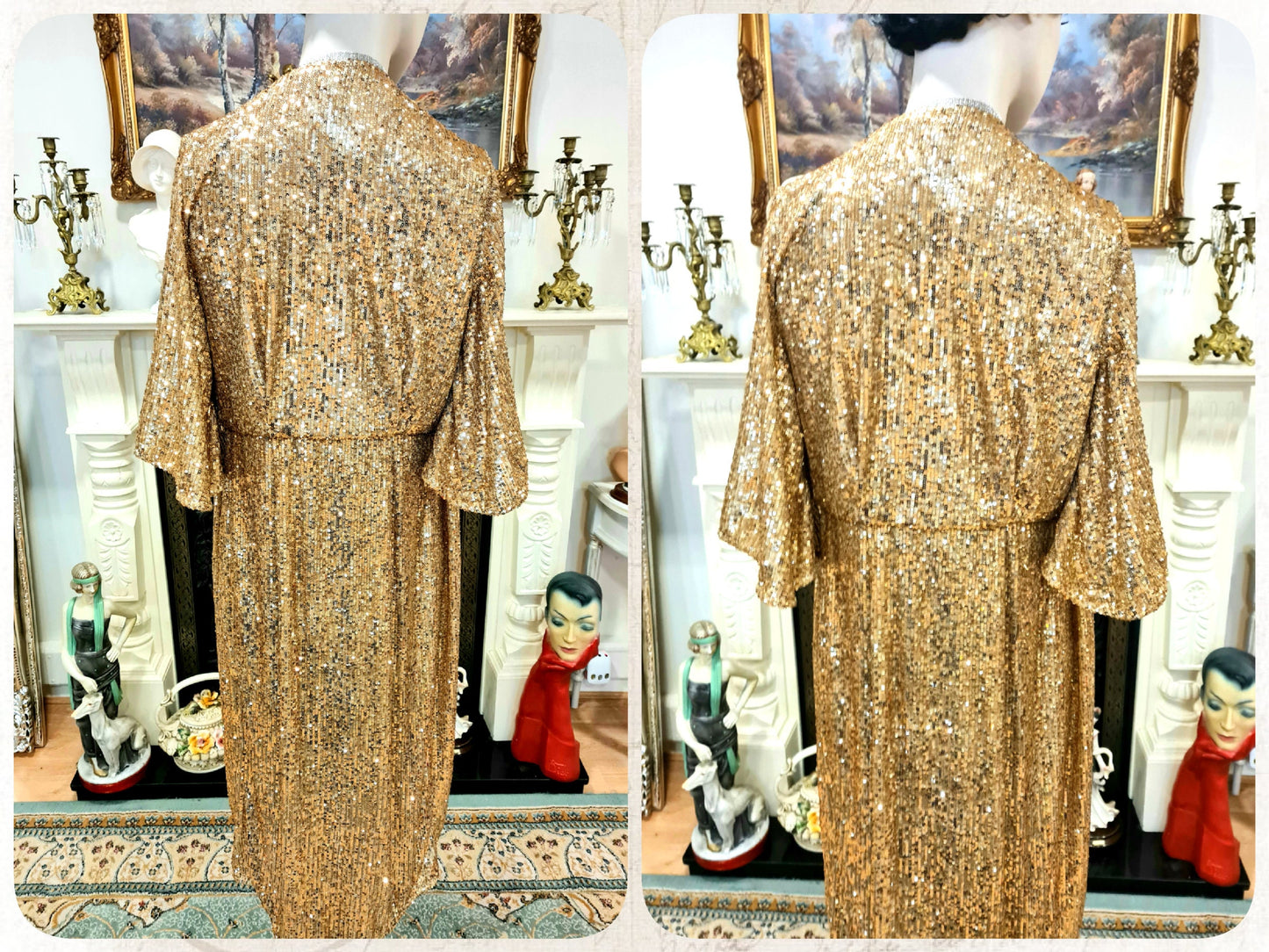 1920s vintage Downton Abbey flapper sequinned mesh gold sparkly bohemian coat kimono duster dress size S UK 8 10  US 4 6