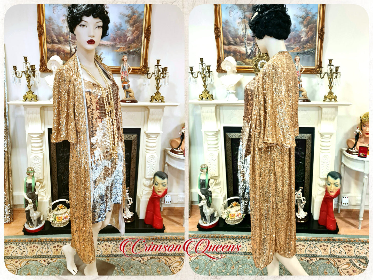1920s vintage Downton Abbey flapper sequinned mesh gold sparkly bohemian coat kimono duster dress size S UK 8 10  US 4 6
