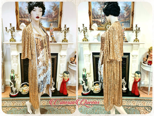 1920s vintage Downton Abbey flapper sequinned mesh gold sparkly bohemian coat kimono duster dress size S UK 8 10  US 4 6