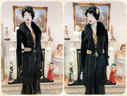 Vintage Penny Lane 1970s Beautiful thick embroidered Long Lamb Mongolian fur hippy bohemian gypsy winter blacksuede coat UK 8 US 4 Small