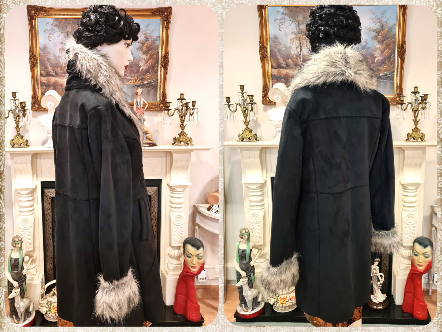 Vintage Art Deco black simulated suede afghan black and grey 1970s elegant faux silver fox fur collar coat jacket size UK 10 12 US 6 8