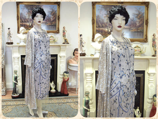 1920s vintage Downton Abbey flapper sequinned mesh silver sparkly bohemian coat kimono duster dress size S UK 8 10  US 4 6