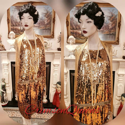 Vintage Flapper gold dress, Downton Abbey 1920s dress, Great Gatsby  sparkly ombre heavily sequinned shell flapper dress UK 16  US 12