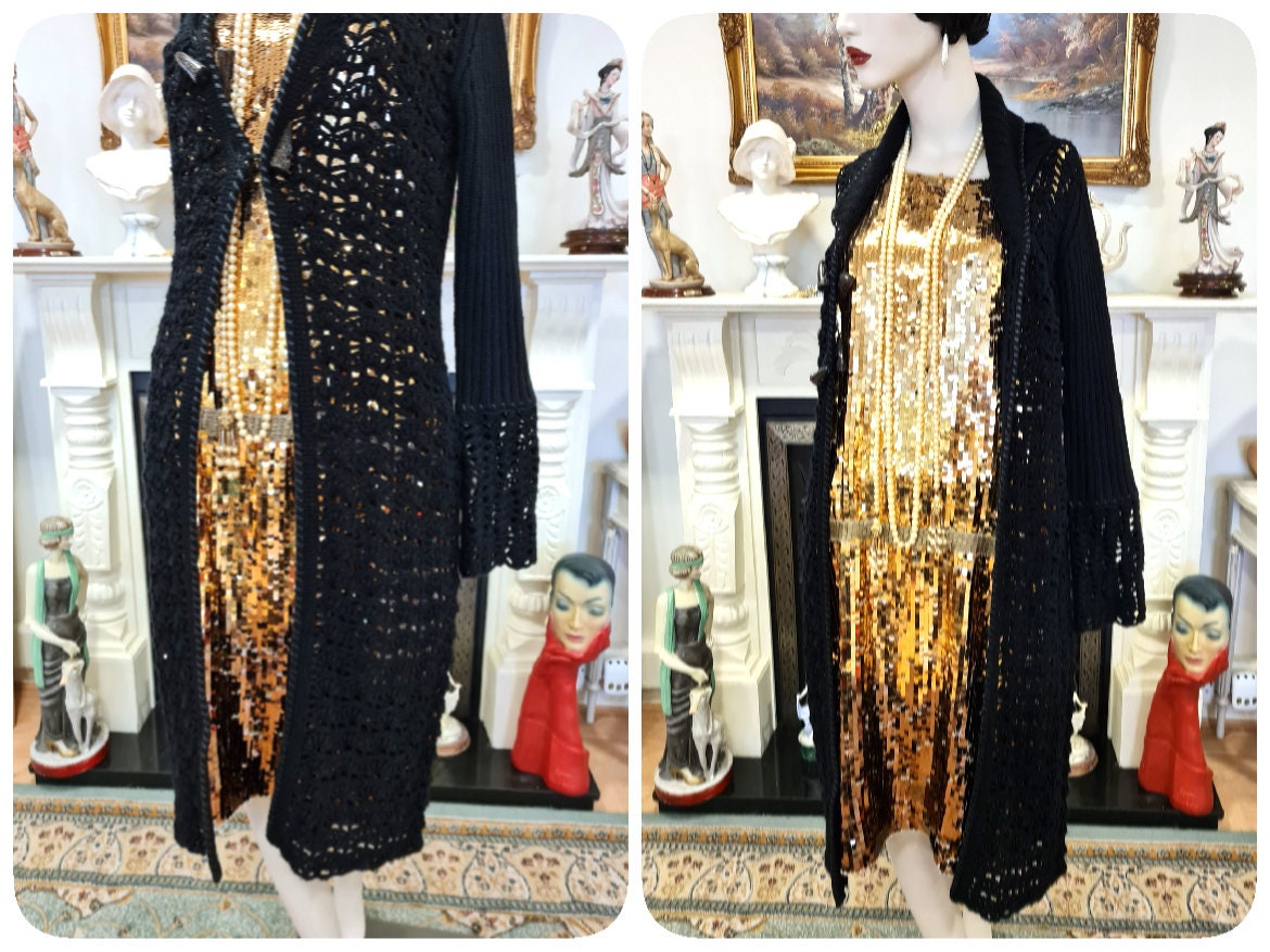 vintage 100% supreme quality black  woolen crochet coat 1920s avant garde retro finished with natural soft leather size uk 8  US 4