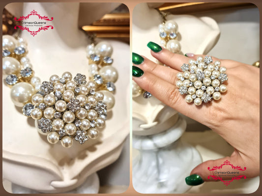 1980ss statement huge adjustable ring with rhinestones and simulated pearls round flake winter snow queen massive ring Art Deco